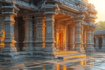 Sunrise at ancient temple, India.  Stone columns, courtyard. Travel brochure