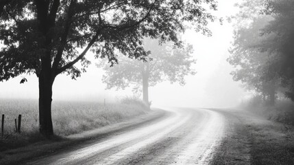 Obraz premium Foggy country road winding through trees, scenic rural landscape, ideal for travel posters