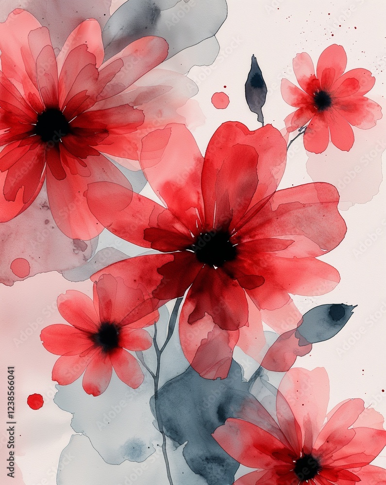 Aufkleber soft red with blurred flower shapes and watercolor layers abstract flowers watercolor patterns abstr