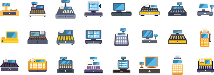 Set of cash register icons representing various point of sale - pos - systems used in retail environments for processing transactions