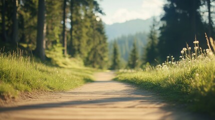 Obraz premium Forest path leading to mountains, summer sun. Nature background for travel brochure