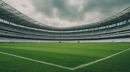 Empty football stadium under dramatic sky, showcasing solitude and anticipation in sports, symbolizing moments of pause before the roar of the crowd returns.
