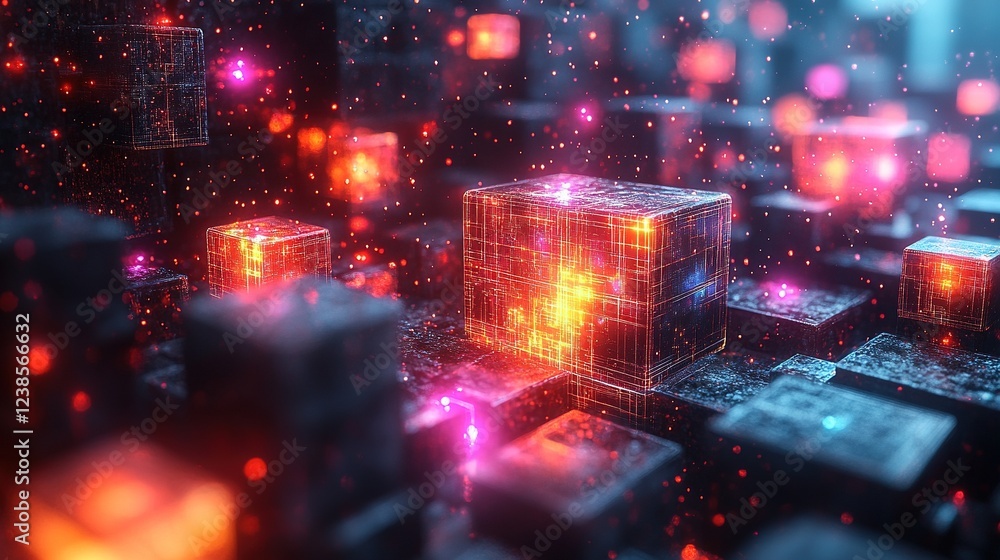 Poster glowing cubes in a dark setting, with dispersed particles; possible tech background