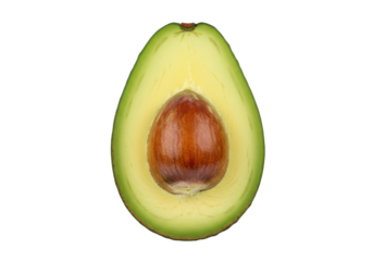 Halved avocado with pit, isolated on white background, front view, no depth of field, sharp.