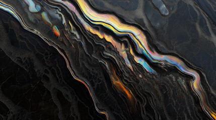 Texture of the black stone surface with rainbow film alloy. Waves with thin-film interference effect. Background