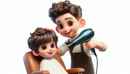 Haircut event with child salon setting animated characters fun environment close up view
