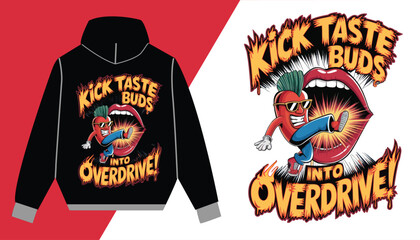  Kick Taste Buds Into Overdrive - Spicy Hot Pepper Cartoon Graphic Hoodie - Bold Fire Typography - Cool Streetwear Design - Funny Chili Lovers Apparel
