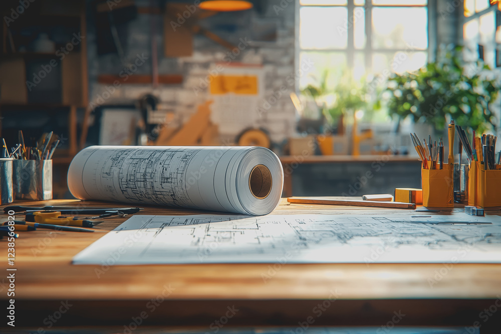 Poster table with a roll of paper and a pencil placed on it in a well-lit workspace setting for creative pr