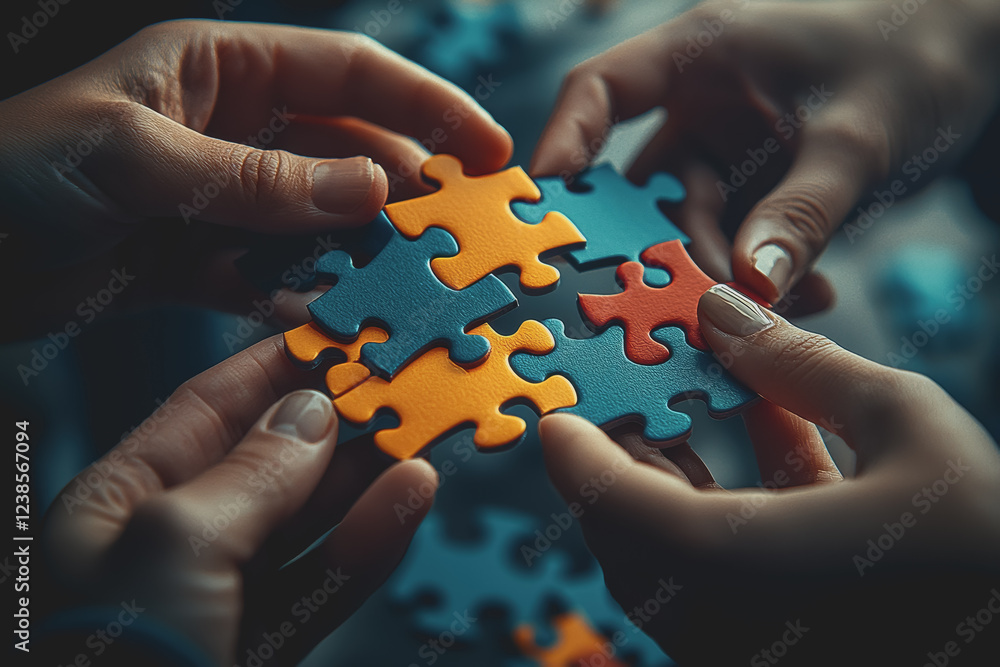 Poster two hands holding colorful puzzle pieces together symbolizing collaboration and problem solving in a