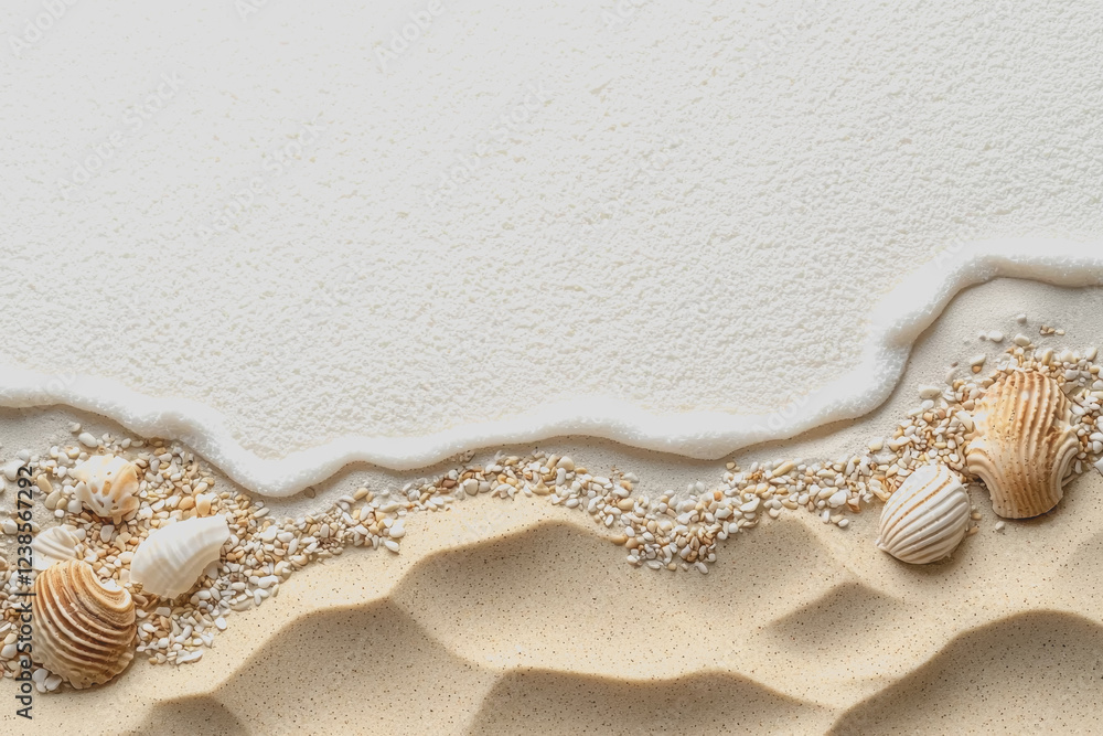 Poster seashells scattered on sandy beach with ample copyspace for text or design use