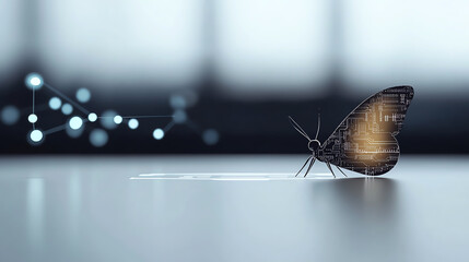 A butterfly with circuit patterns on its wings, representing digital evolution, Realistic Photo Professional photography, Warm, soft directional lighting with diffused shadows,