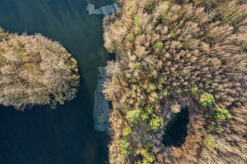 Aerial drone view of river flowing through forest in winter