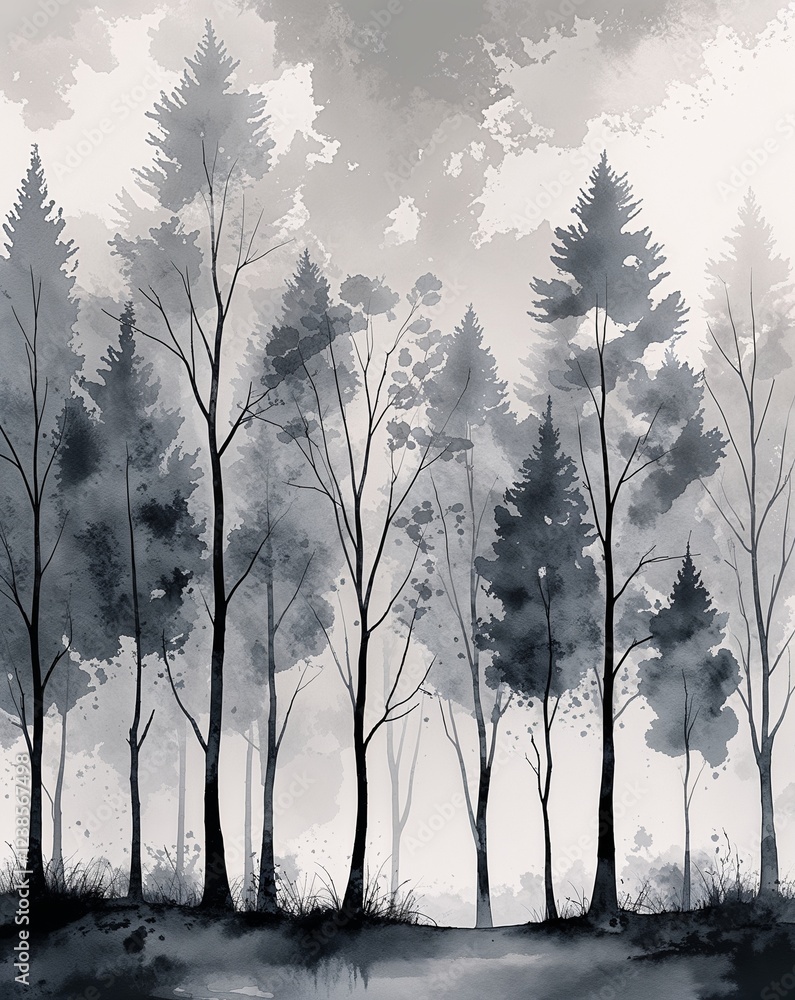 Poster warm gray with abstract trees in watercolor strokes creating a serene calming atmosphere abstract ba