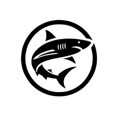 Shark Icon: A Stylish Black and White Vector Illustration of a Shark in a Circle. Perfect for logos, marine-themed designs, and more!