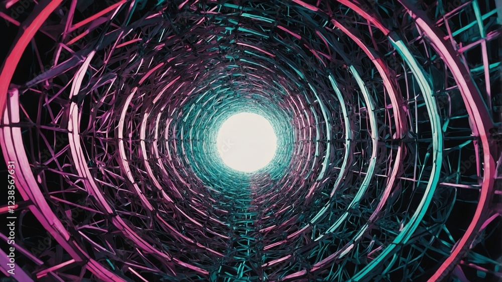 Poster bright circular structure with intricate patterns creating a vibrant tunnel effect