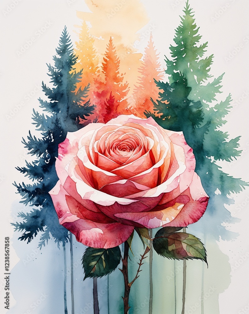 Poster warm rose with watercolor trees blending into soft smooth transitions abstract background