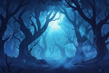illustration tree mystery forest wild jungle halloween Dark mysterious forest on a spooky night. glowing light