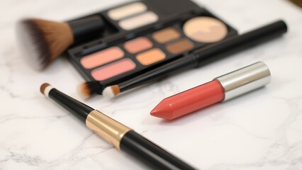 Close up view of decorative cosmetics laying on the table.