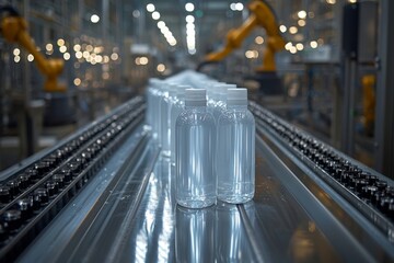A white plastic bottle travels along the conveyor belt of an auto capping and labeling machine in a cosmetic and skin care manufacturing facility, embodying the intersection of the cosmetic industry