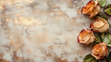 Dried peach roses on textured grunge background with copy space. Suitable for memorial services, vintage sympathy cards, and funeral stationery.