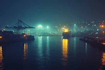 Fototapeta premium Atmospheric Night View of a Busy Industrial Port with Illuminated Cranes and Ships Reflecting on Calm Water