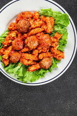 Pasta meatballs tomato sauce fresh tasty food dish delicious gourmet food background on the table rustic food top view copy space