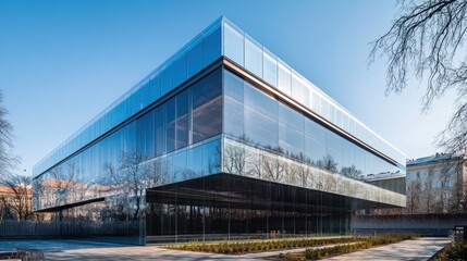Fototapeta premium Modern glass building, sunny day, city park background, architectural design