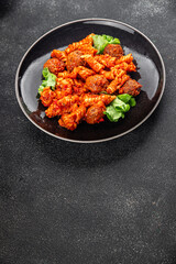 Pasta meatballs tomato sauce fresh tasty food dish delicious gourmet food background on the table rustic food top view copy space