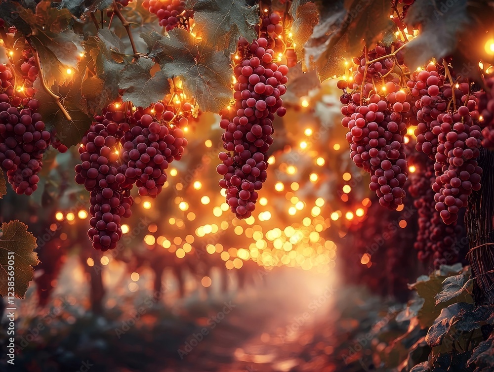Poster glowing grape clusters in a surreal vineyard scene at twilight with ethereal countryside atmosphere
