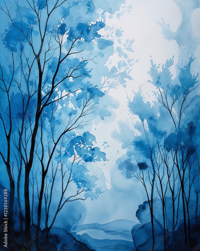 Poster cool cyan with subtle tree outlines and soft watercolor flow abstract background