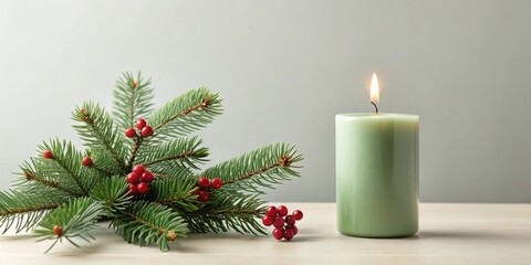 A lit sage green candle beside a sprig of evergreen with red berries on a light wood surface