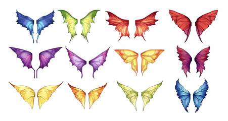 Fototapeta premium Fairy wings cartoon vector set. Flying fantasy soaring sparkling pixie elven ethereal mystic dragon elf creatures magical flutters, isolated illustrations on white background