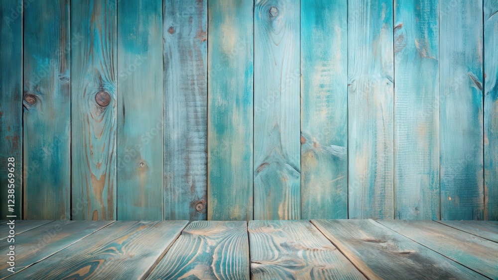 Poster Rustic teal wood planks background with a horizontal surface ideal for product display or design projects