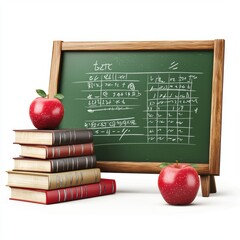 Chalkboard with handwritten mathematical formulas, next to a stack of books and an apple, symbolizing academic studies, isolated on white background