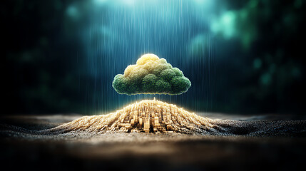 A digital cloud raining only over an AI city, ignoring the parched countryside