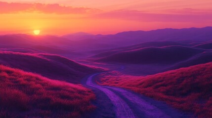 Fototapeta premium Sunset over purple hills, winding road, peaceful landscape, travel postcard