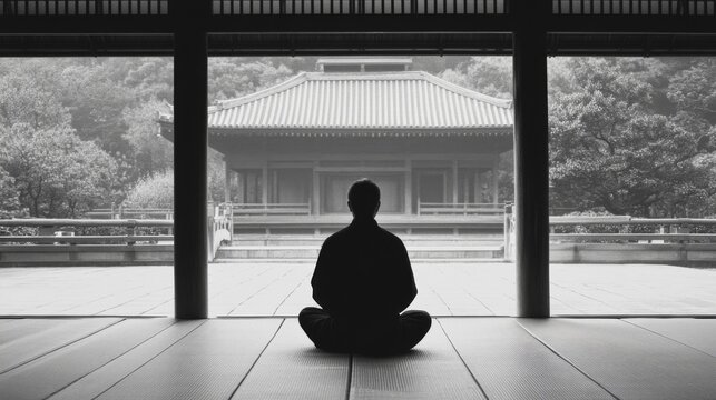 Monk meditating in temple, serene garden view