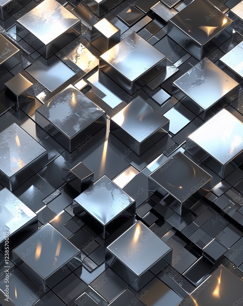Poster dark silver with fragmented square shapes and light reflections abstract background