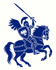 Winged Knight on Horseback with Sword and Shield, Displaying Strength and Courage