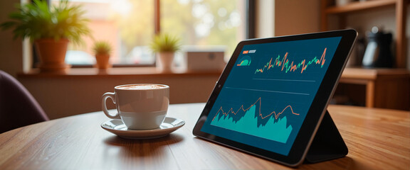Interactive graphs on digital tablet with coffee cup in cafe, productivity
