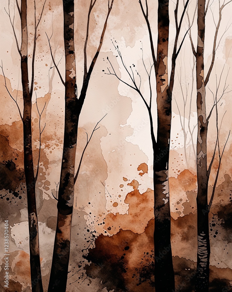Poster deep brown with abstract watercolor tree trunks and soft natural textures abstract background