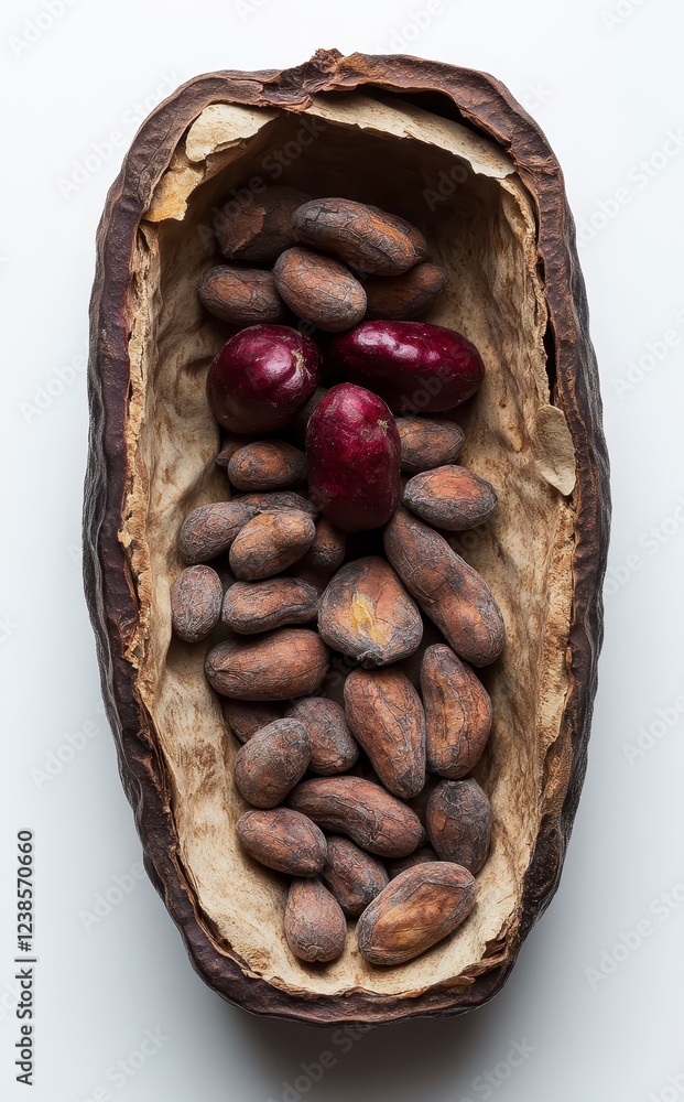Poster overhead close up shot of cocoa beans inside a dried cocoa pod against a white background. the beans