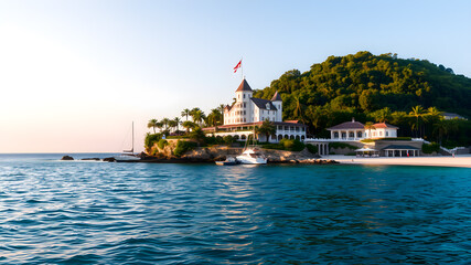 Naklejka premium Island, sea, luxurious hotel, beach, house, castle, Generative AI