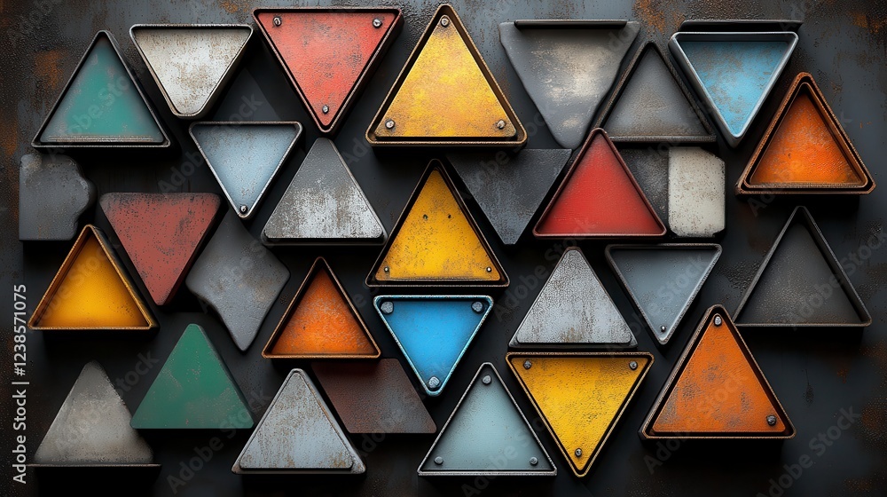 Poster colorful metallic triangles arranged in a geometric pattern on a dark background. the triangles show