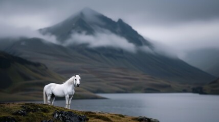 Icelandic White Horse: A majestic Icelandic horse, with its long mane flowing. The background features rugged volcanic terrain with moss-covered rocks and a dramatic cloudy sky. 