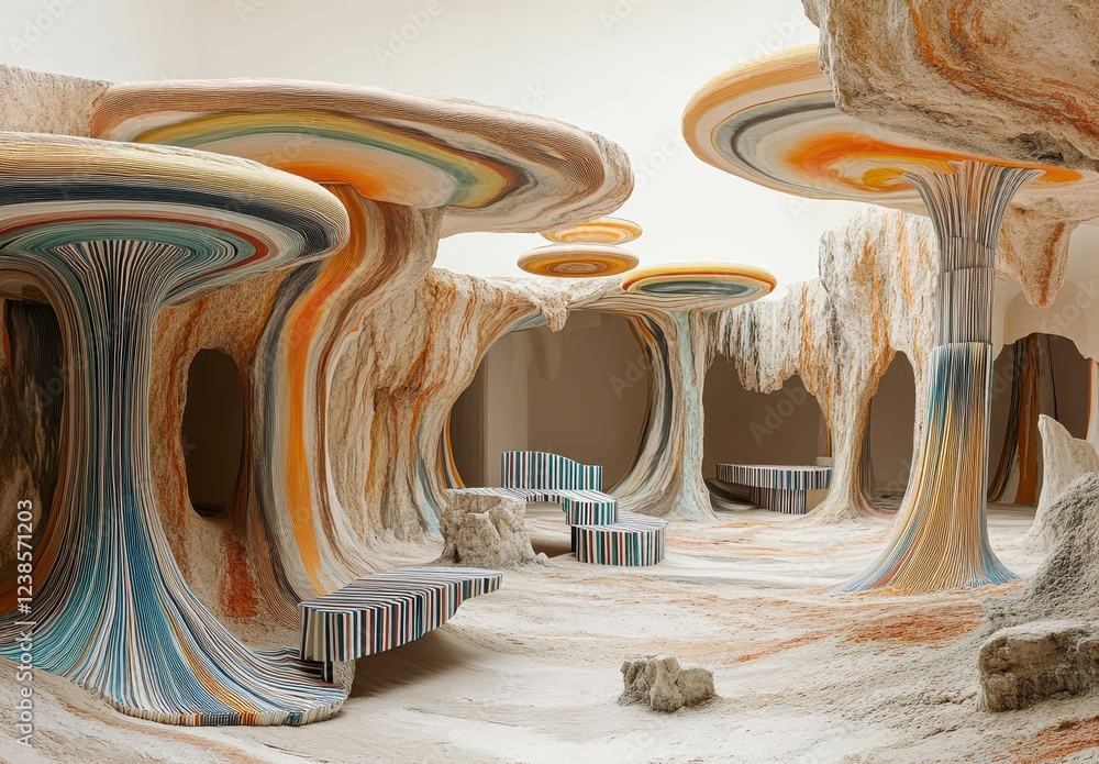 Poster abstract surreal landscape with colorful mosaic mushroom like structures and benches in a sandy envi