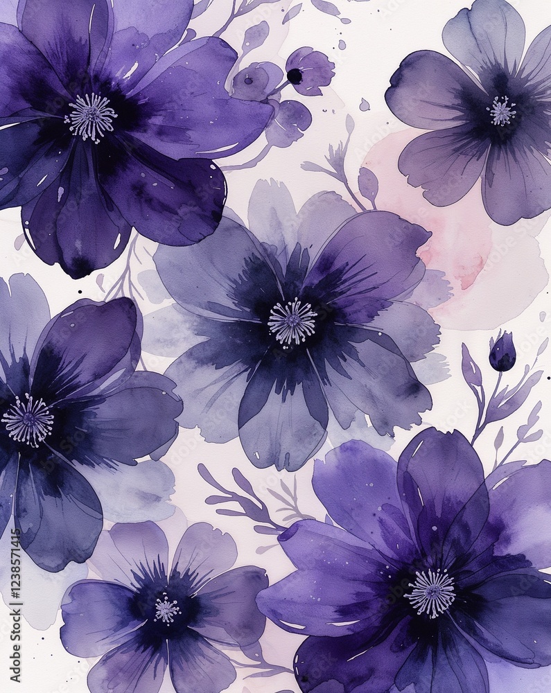 Poster deep violet with overlapping flower watercolor patterns and soft wash effects abstract flowers water