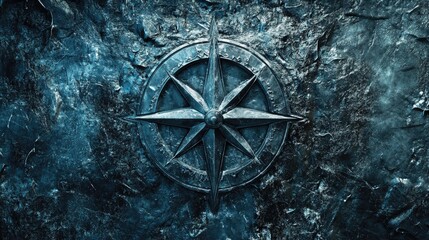 Textured Metallic Compass Rose Design on a Rough Stone Surface with Blue Tint