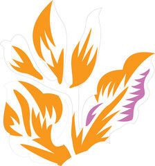 Ornate, stylized floral design with orange and white leaves and a touch of purple.