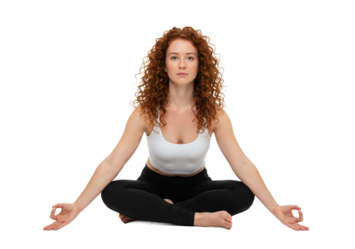 woman in yoga lotus pose, isolated on white background, front view, no depth of field, sharp.